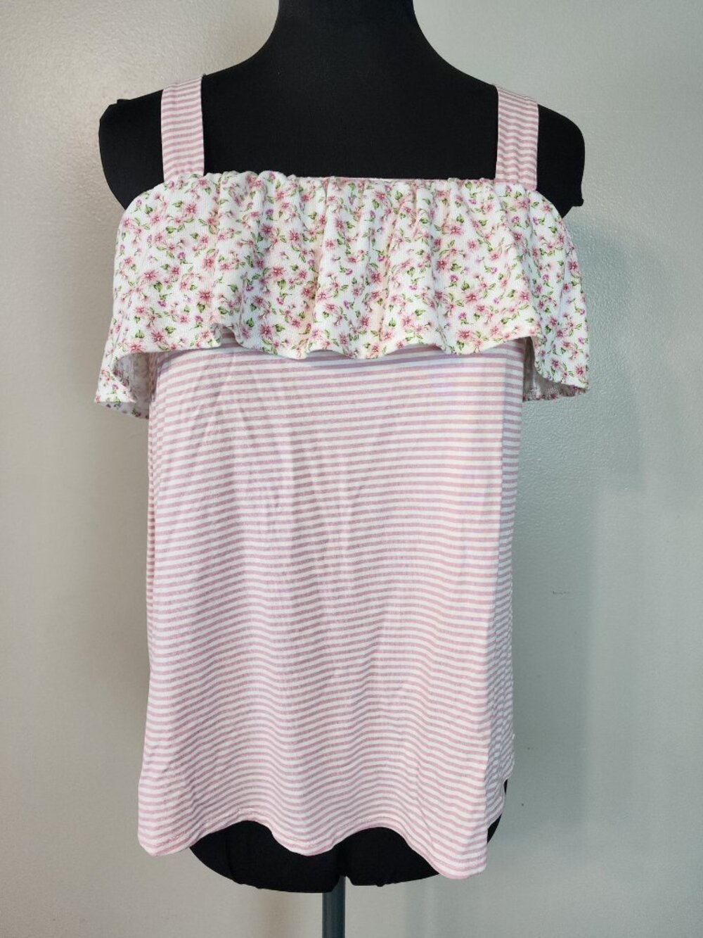Heimish Usa Small Flounce Tank Ditsy Floral Pink Striped Coquette Cottage Ruffle
